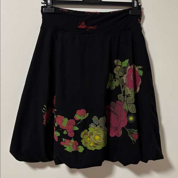 DESIGUAL (M) Balloon Floral Skirt Above Knee Elastic Waist Tie Soft Black - Picture 5 of 13